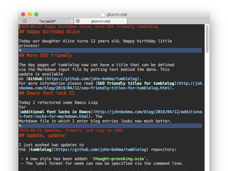 Emacs with highlight-regexp in Markdown mode showing blue bars